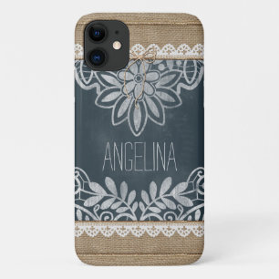 Rustic Burlap Lace Chalkboard Personalized iPhone 11 Case