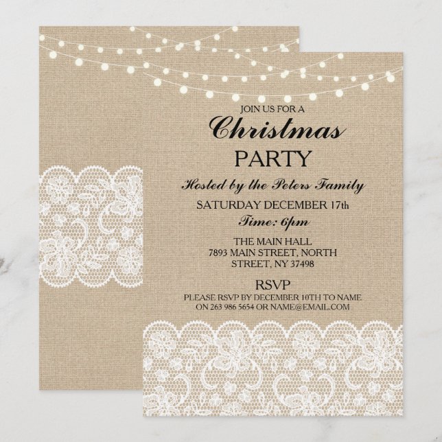 Rustic Burlap Lace Christmas Dinner Day Party Invitation (Front/Back)