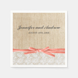 Rustic Burlap Lace Coral Ribbon Wedding Napkin