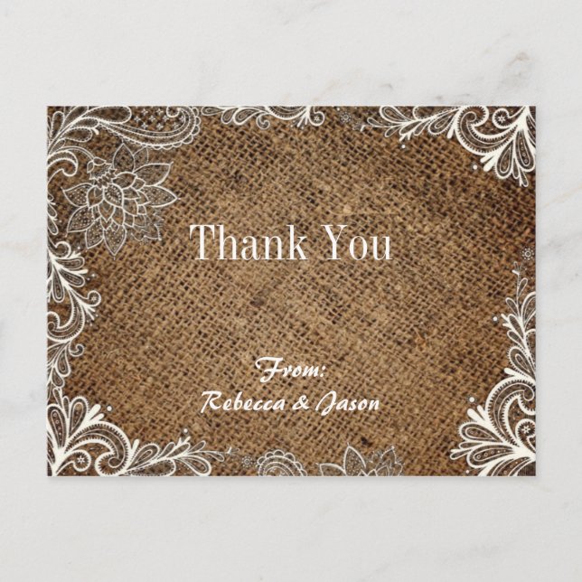 rustic burlap lace country wedding thank you postcard (Front)