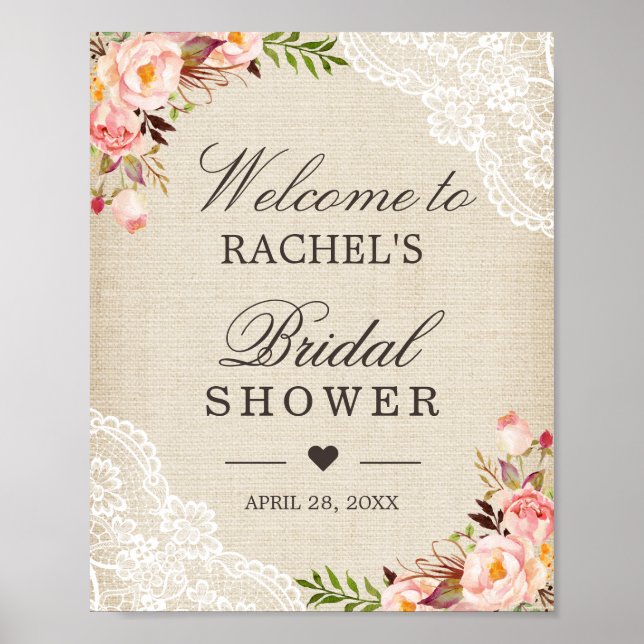 Rustic Burlap Lace Floral Bridal Shower Sign (Front)