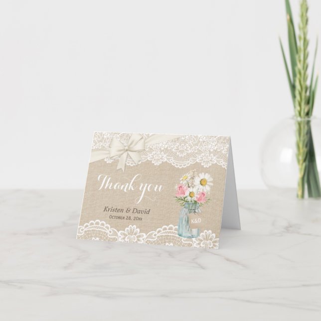 Rustic Burlap Lace Floral Mason Jar Thank You Card (Front)