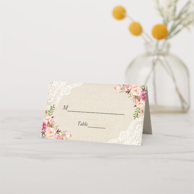 Rustic Burlap Lace Floral Wedding Escort Place Card (Front)