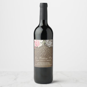 Rustic Burlap Lace Gold Confetti and Flowers Wine Label
