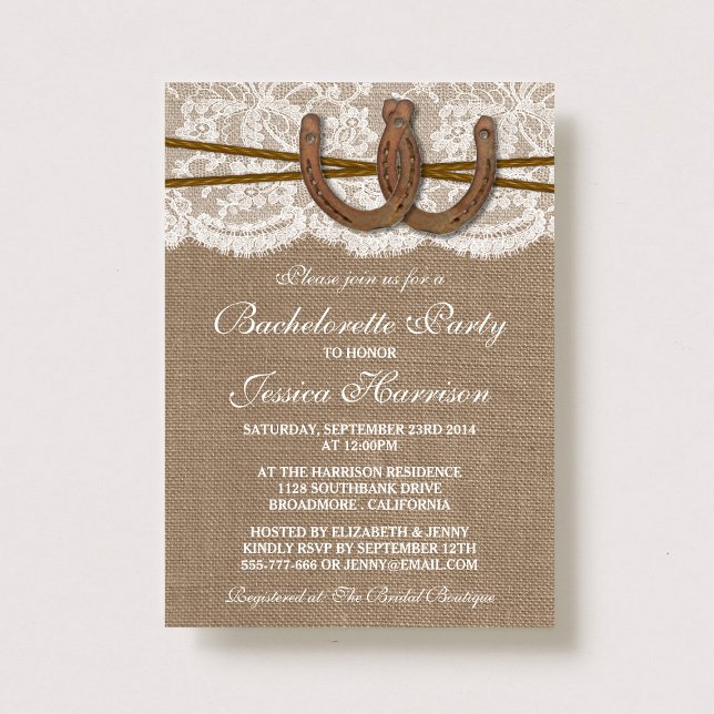 Rustic Burlap & Lace Horseshoe Bachelorette Party Invitation (Creator Uploaded)