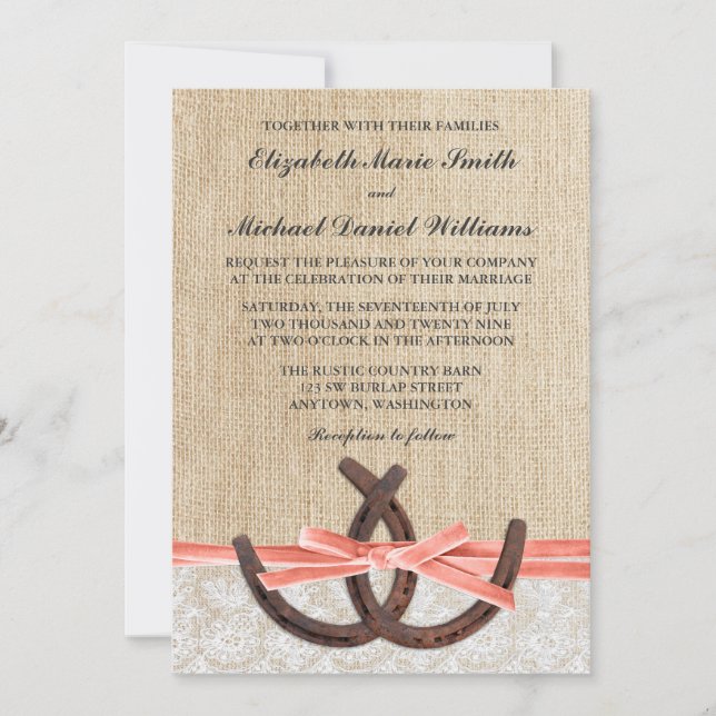 Rustic Burlap Lace Horseshoe Coral Ribbon Wedding Invitation (Front)