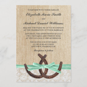 Rustic Burlap Lace Horseshoe Mint Ribbon Wedding Invitation
