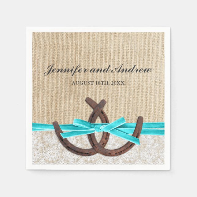 Rustic Burlap Lace Horseshoe Teal Ribbon Wedding Napkin (Front)