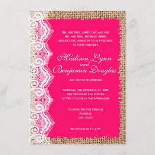Rustic Burlap Lace Hot Pink Wedding Invitations