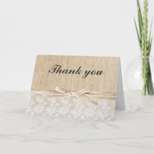 Rustic Burlap Lace Ivory Ribbon Thank You Card