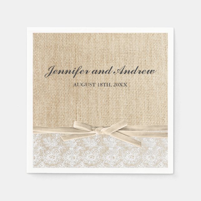 Rustic Burlap Lace Ivory Ribbon Wedding Napkin (Front)