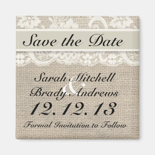 Rustic Burlap Lace Ivory Save the Date Magnet
