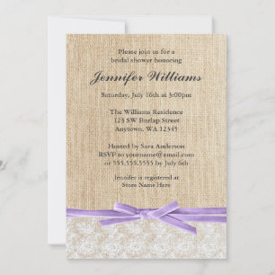 Rustic Burlap Lace Lavender Ribbon Bridal Shower Invitation