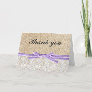 Rustic Burlap Lace Lavender Ribbon Thank You Card