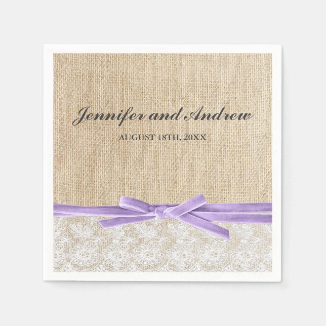 Rustic Burlap Lace Lavender Ribbon Wedding Napkin (Front)