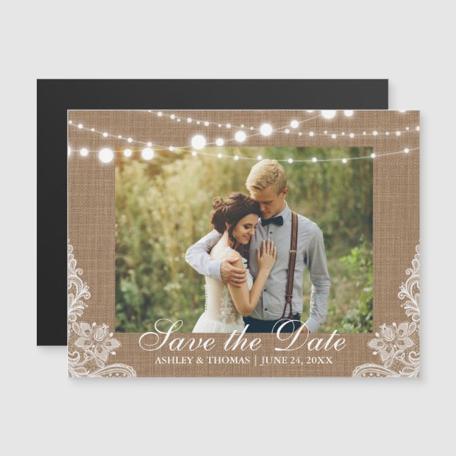 Rustic Burlap Lace Lights Save the Date Engagement Magnetic Invitation (Front/Back)