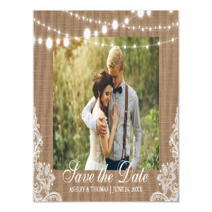 Rustic Burlap Lace Lights Save the Date Engagement Magnetic Invitation