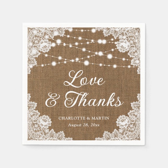 Rustic Burlap Lace Love and Thanks Wedding Napkin (Front)