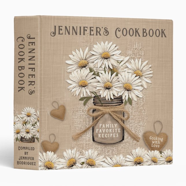 Rustic  Burlap, Lace, Mason Jar Daisies Binder (Front/Spine)