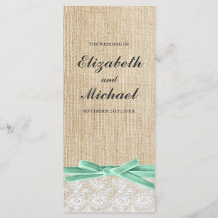 Rustic Burlap Lace Mint Ribbon Wedding Program