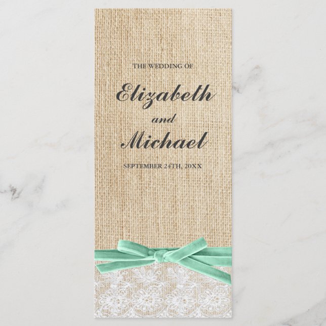 Rustic Burlap Lace Mint Ribbon Wedding Program (Front)