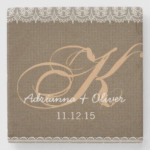 Rustic Burlap Lace Monogram Wedding Stone Coaster