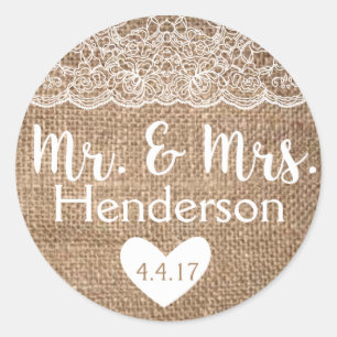 Rustic, Burlap & Lace, Mr. & Mrs. Stickers- Classic Round Sticker