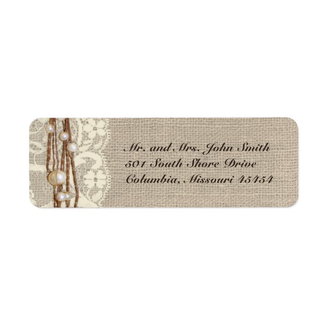 Rustic Burlap Lace Pearl Adresse de retour Label (Devant)
