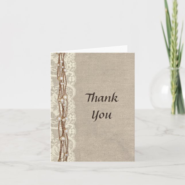 Rustic Burlap Lace Pearls Thank You Card (Front)