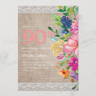 Rustic Burlap Lace Pink Blue Floral 90th Birthday Invitation