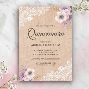 Rustic Burlap Lace Pink Floral Quinceanera Invitation