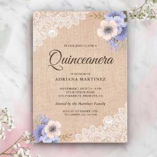 Rustic Burlap Lace Purple Floral Quinceanera Invitation