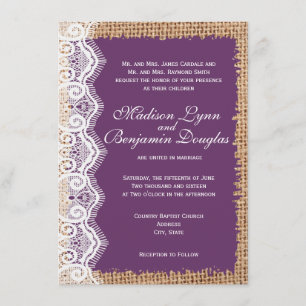 Rustic Burlap Lace Purple Wedding Invitations