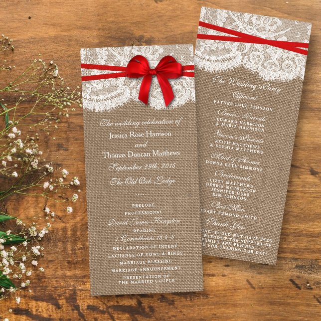 Rustic Burlap, Lace & Red Bow Wedding Program (Creator Uploaded)