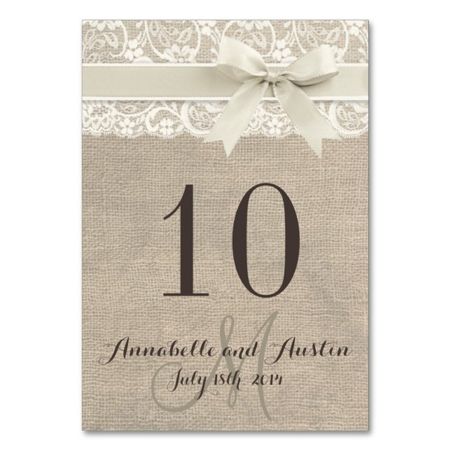 Rustic Burlap Lace Ribbon Wedding Table Card (Front)