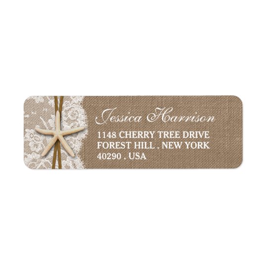 Rustic Burlap, Lace & Starfish Beach Bridal Shower Return Address Label