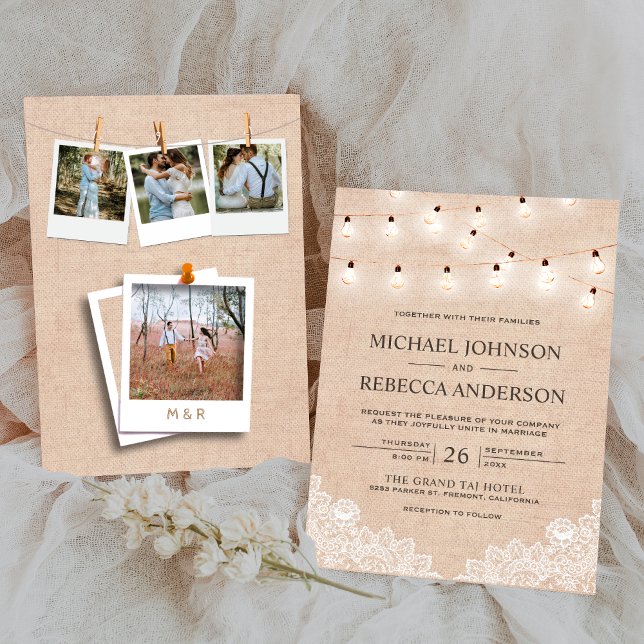 Rustic Burlap Lace String Lights Photo Wedding Invitation (Creator Uploaded)