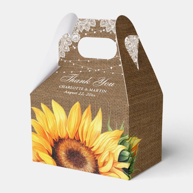 Rustic Burlap Lace String Lights Sunflower Wedding Favor Box (Front Side)