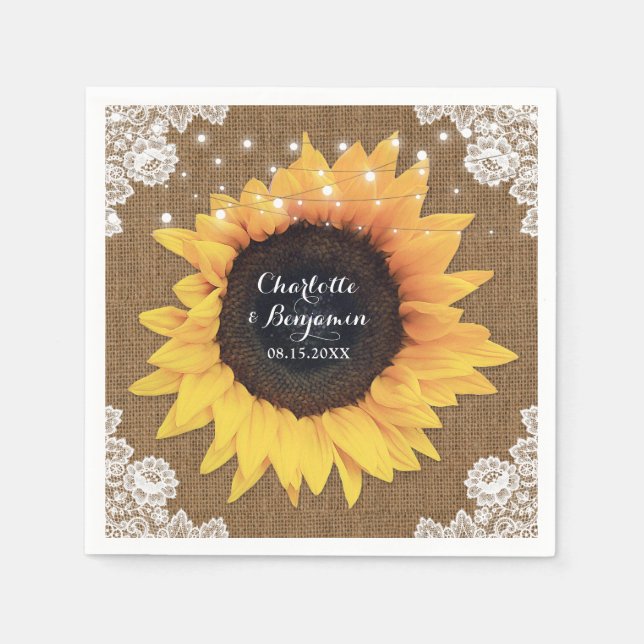 Rustic Burlap Lace String Lights Sunflower Wedding Napkin (Front)