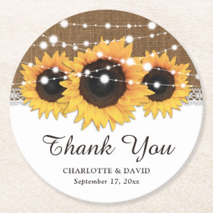 Rustic Burlap Lace String Lights Sunflower Wedding Round Paper Coaster