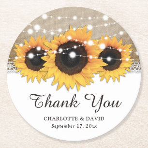 Rustic Burlap Lace String Lights Sunflower Wedding Round Paper Coaster
