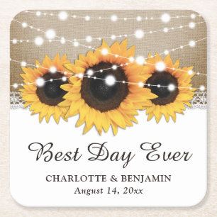 Rustic Burlap Lace String Lights Sunflower Wedding Square Paper Coaster