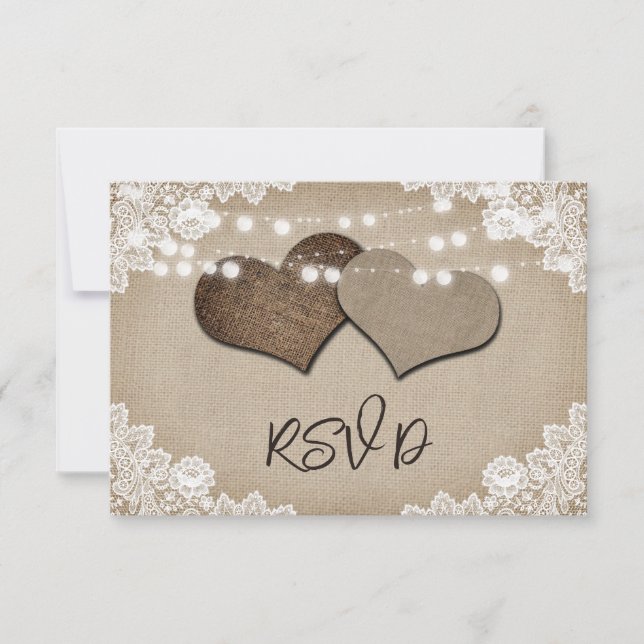 Rustic Burlap Lace String Lights Wedding RSVP Card (Front)