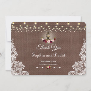 Rustic Burlap Lace String Lights Wedding Thank you Card
