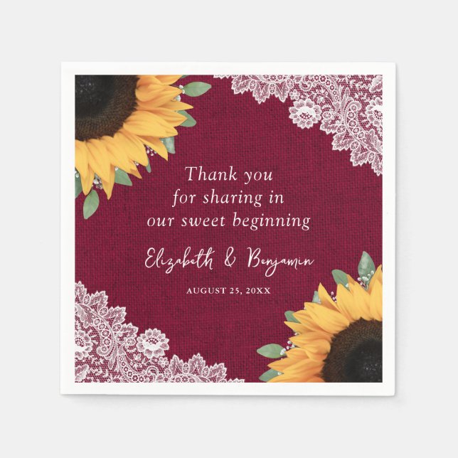 Rustic Burlap Lace Sunflower and Burgundy Wedding Napkin (Front)