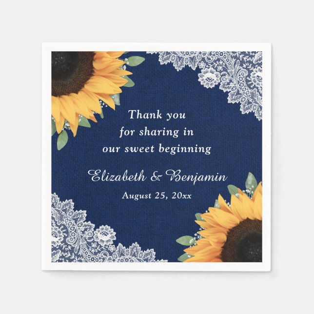 Rustic Burlap Lace Sunflower and Navy Blue Wedding Napkin (Front)