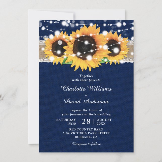 Rustic Burlap Lace Sunflower Navy Blue Wedding Invitation (Front)