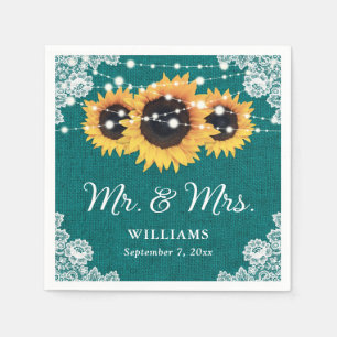 Rustic Burlap Lace Sunflower Teal Wedding Napkin
