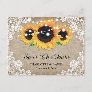 Rustic Burlap Lace Sunflower Wedding Save The Date Announcement Postcard