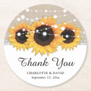 Rustic Burlap Lace Sunflower Wedding Thank You Round Paper Coaster